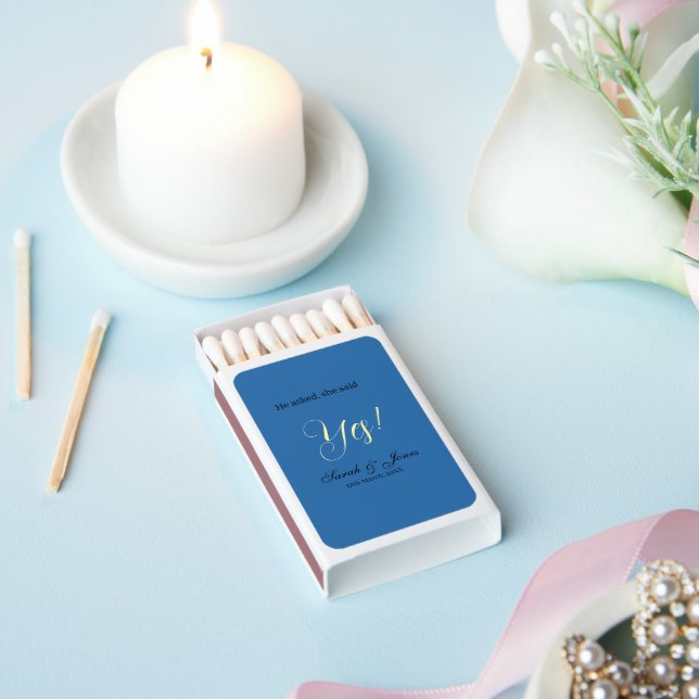 He asked she said yes engagement simple blue yello matchboxes (Insitu)