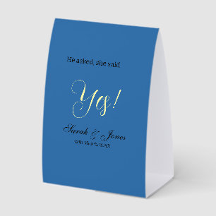 He asked she said yes engagement simple blue yello paper table tent