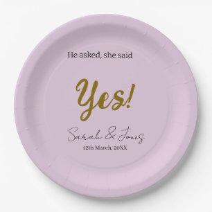 He asked she said yes engagement simple gold purpl paper plates