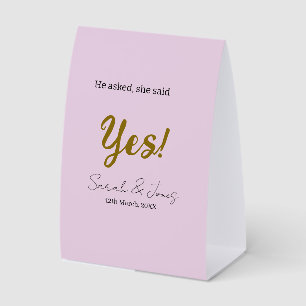 He asked she said yes engagement simple gold purpl paper table tent