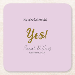 He asked she said yes engagement simple gold purpl square paper coaster