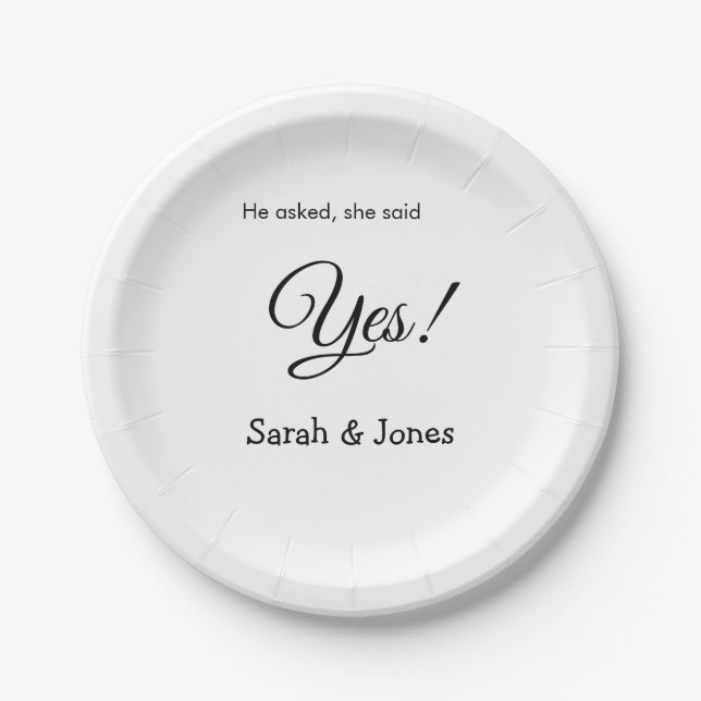 He asked she said yes engagement simple minimal  paper plates (Front)