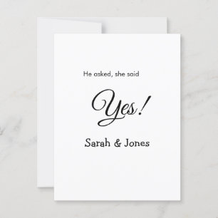 He asked she said yes engagement simple minimal postcard