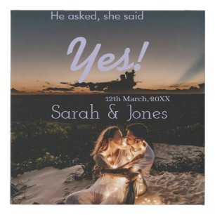 He asked she said yes engagement simple photo blue faux canvas print