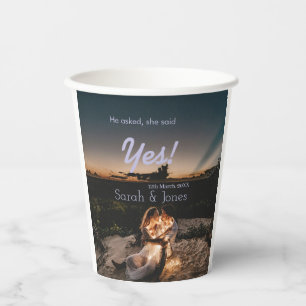 He asked she said yes engagement simple photo blue paper cups