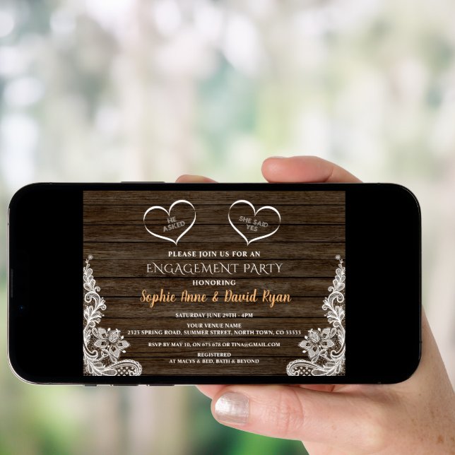 He asked She Said Yes Lace Wood Engagement Invitation (Front Digital)