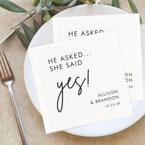 He Asked She said Yes Modern Engagement Party Napkins