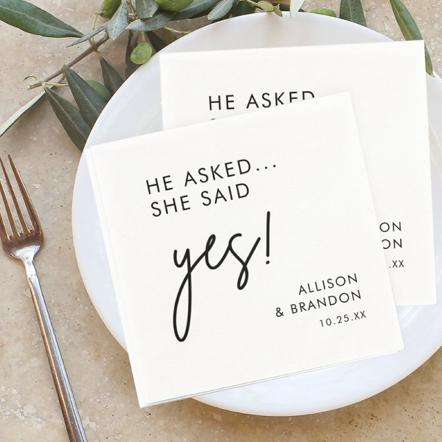 He Asked She said Yes Modern Engagement Party Napkins (Creator Uploaded)