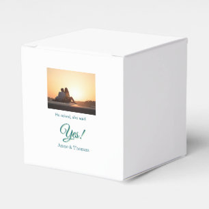 He asked she said yes photo engaged blue green favor boxes