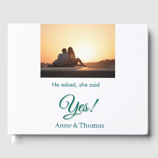 He asked she said yes photo engaged blue green guest book