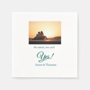 He asked she said yes photo engaged blue green napkins