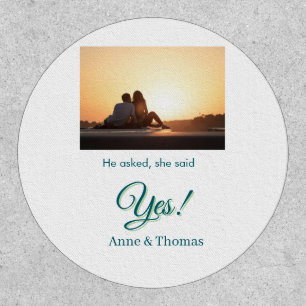 He asked she said yes photo engaged blue green patch