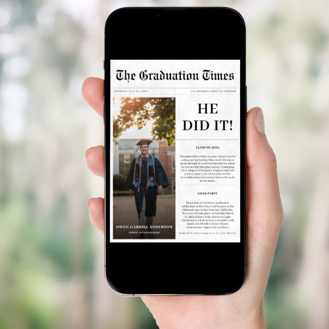 He Did It 2025 Budget Graduation Newspaper Photo Invitation (Front Digital)