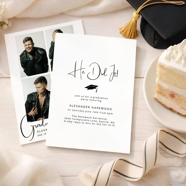 He Did It! 4 Photo Collage Graduation Party Invitation (Creator Uploaded)