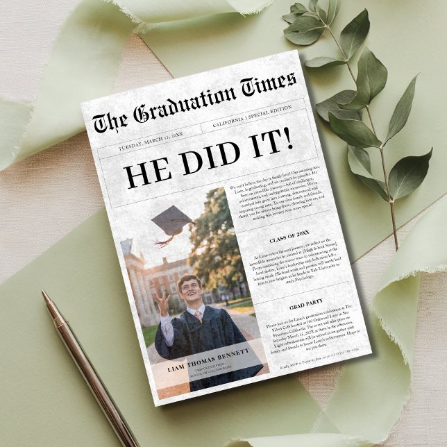 He Did It | Budget Graduation Newspaper Photo Invitation (Creator Uploaded)