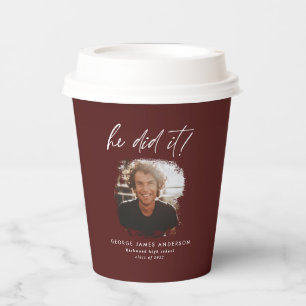 He did it burgundy modern photo graduation paper cups