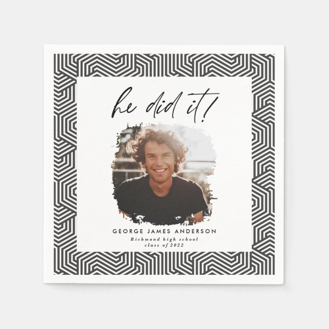 He did it charcoal geometric photo graduation  nap napkins (Front)