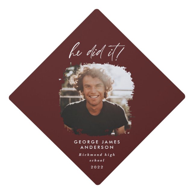 He did it geometric photo burgundy elegant graduation cap topper (Front)