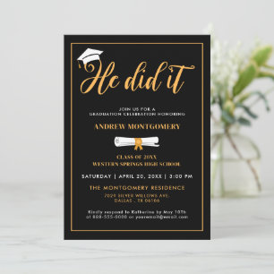 He Did It Grad Cap Tassel Black Graduation Photo Invitation