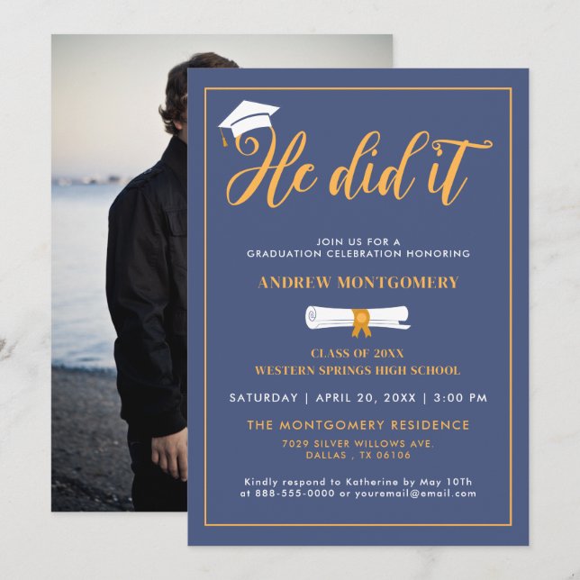 He Did It Grad Cap Tassel Blue Graduation Photo Invitation (Front/Back)