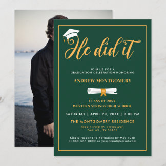 He Did It Grad Cap Tassel Green Graduation Photo I Invitation