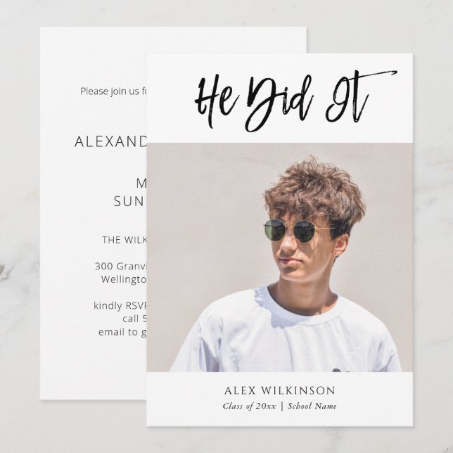 He Did It Modern Calligraphy Photo Graduation Invitation (Front/Back)