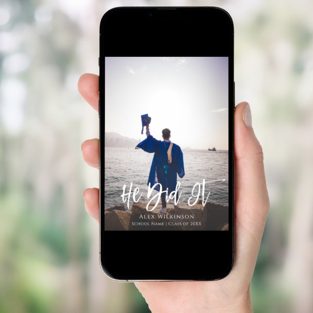 He Did It Modern Script Photo Graduation Invitation (Front Digital)