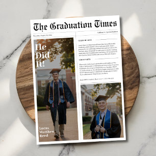 He Did It Newspaper 2025 Graduation Party Photo Invitation