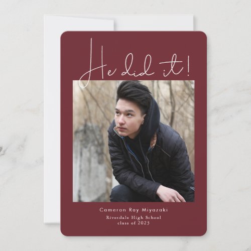 He Did It Ruby Red Modern Graduation Photo  Announcement