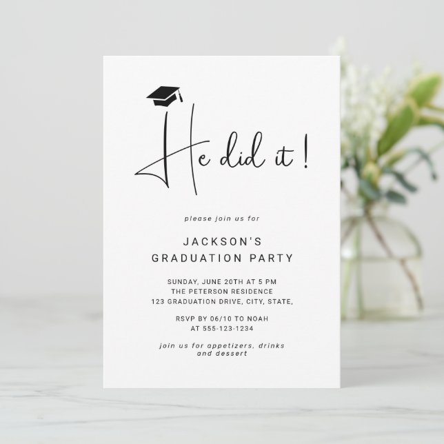 He Did It Script Minimal Photo Graduation Party Invitation (Standing Front)