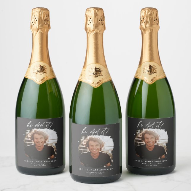 He did it script photo graduation party black sparkling wine label (Bottles)