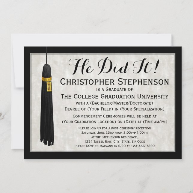 He Did It Tassel College Graduation Invitation (Front)