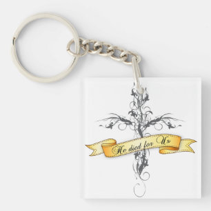 He Died for Us Floral Cross Keychain