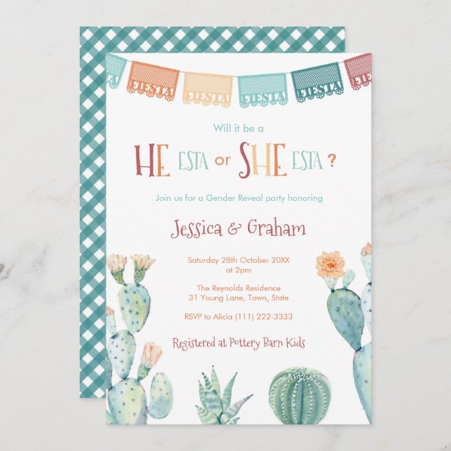 He-Esta She-ESTA Gender Reveal Baby Shower Fiesta Invitation (Front/Back)