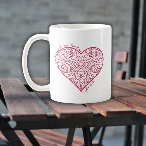 He First Loved Us Monogrammed Red Heart Christian Coffee Mug