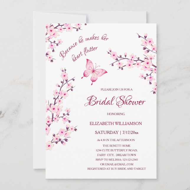 He Gives Her Butterflies | Sakura Bridal Shower Invitation (Front)