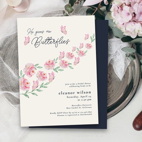 He Gives Me Butterfies Pink Floral Bridal Shower Invitation