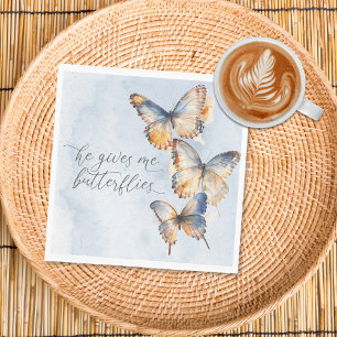 He Gives Me Butterflies Blue Modern Bridal Shower Napkins
