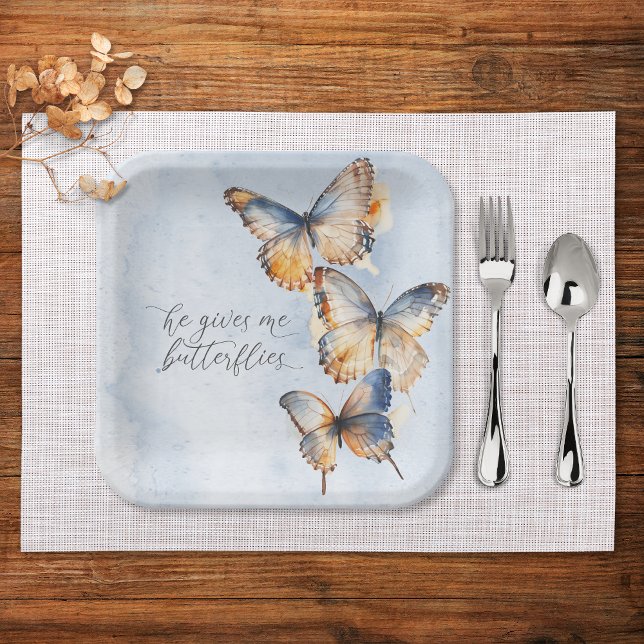 He Gives Me Butterflies Blue Modern Bridal Shower Paper Plates (Creator Uploaded)