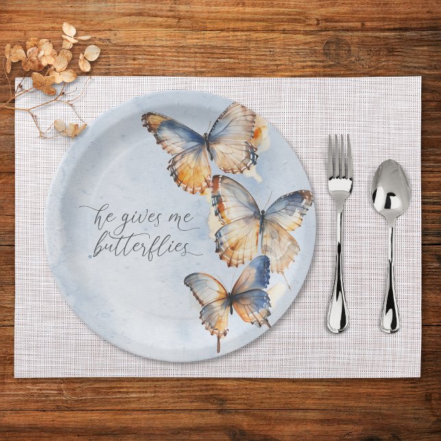 He Gives Me Butterflies Blue Modern Bridal Shower Paper Plates (Creator Uploaded)