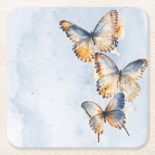 He Gives Me Butterflies Blue Modern Bridal Shower Square Paper Coaster