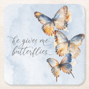 He Gives Me Butterflies Blue Modern Bridal Shower Square Paper Coaster
