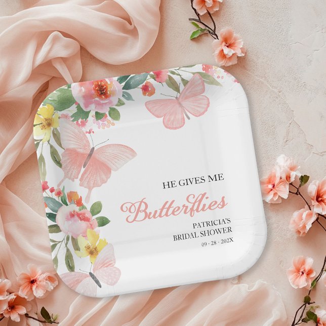 He Gives Me Butterflies Bridal Shower Floral Paper Plates (Creator Uploaded)