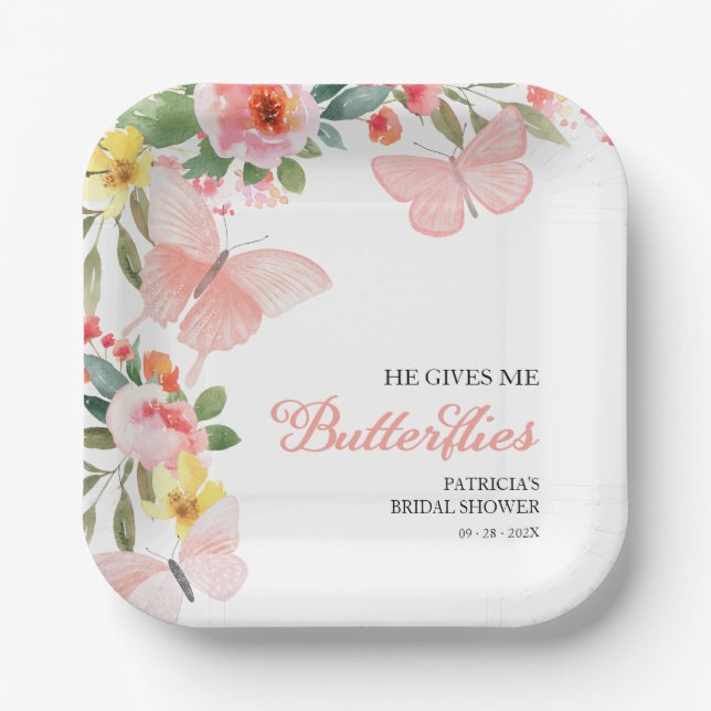 He Gives Me Butterflies Bridal Shower Floral Paper Plates (Front)
