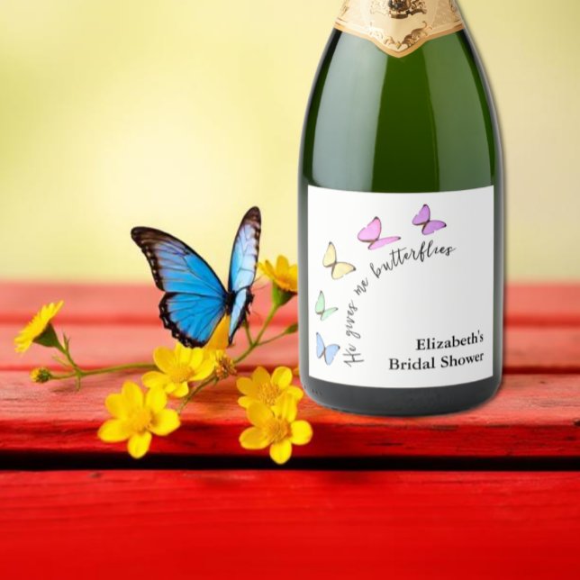 He Gives Me Butterflies Bridal Shower Sparkling Wine Label (Creator Uploaded)