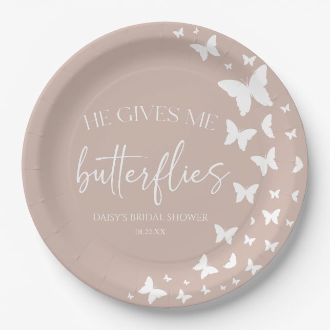 He Gives Me Butterflies Butterfly Bridal Shower Paper Plates (Front)