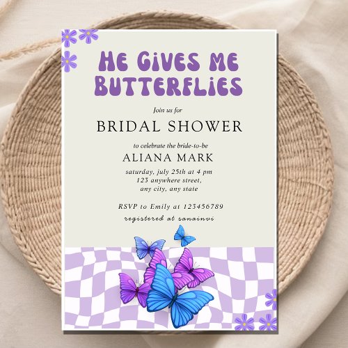 He gives me butterflies checkered  Bridal Shower  Invitation