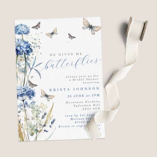 He Gives Me Butterflies Dusty Blue Bridal Shower Invitation