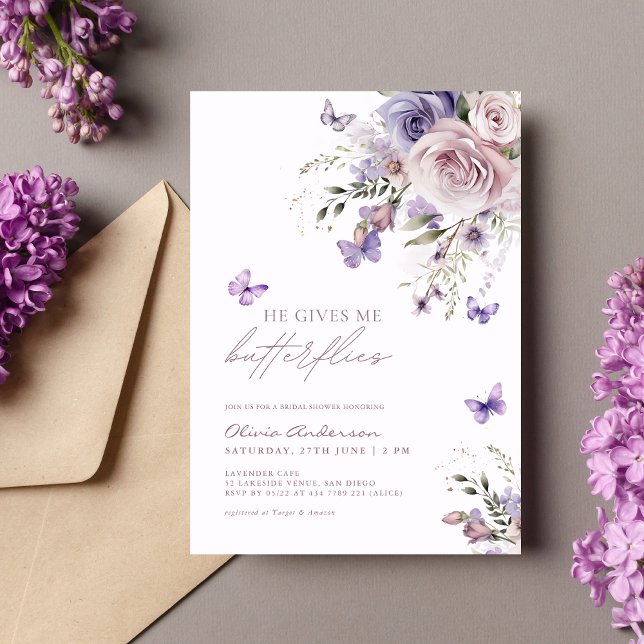 He Gives Me Butterflies Dusty Purple Bridal Shower Invitation (Creator Uploaded)