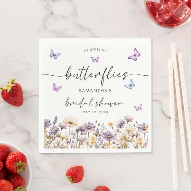 He Gives Me Butterflies Floral Bridal Shower Napkins (Insitu)